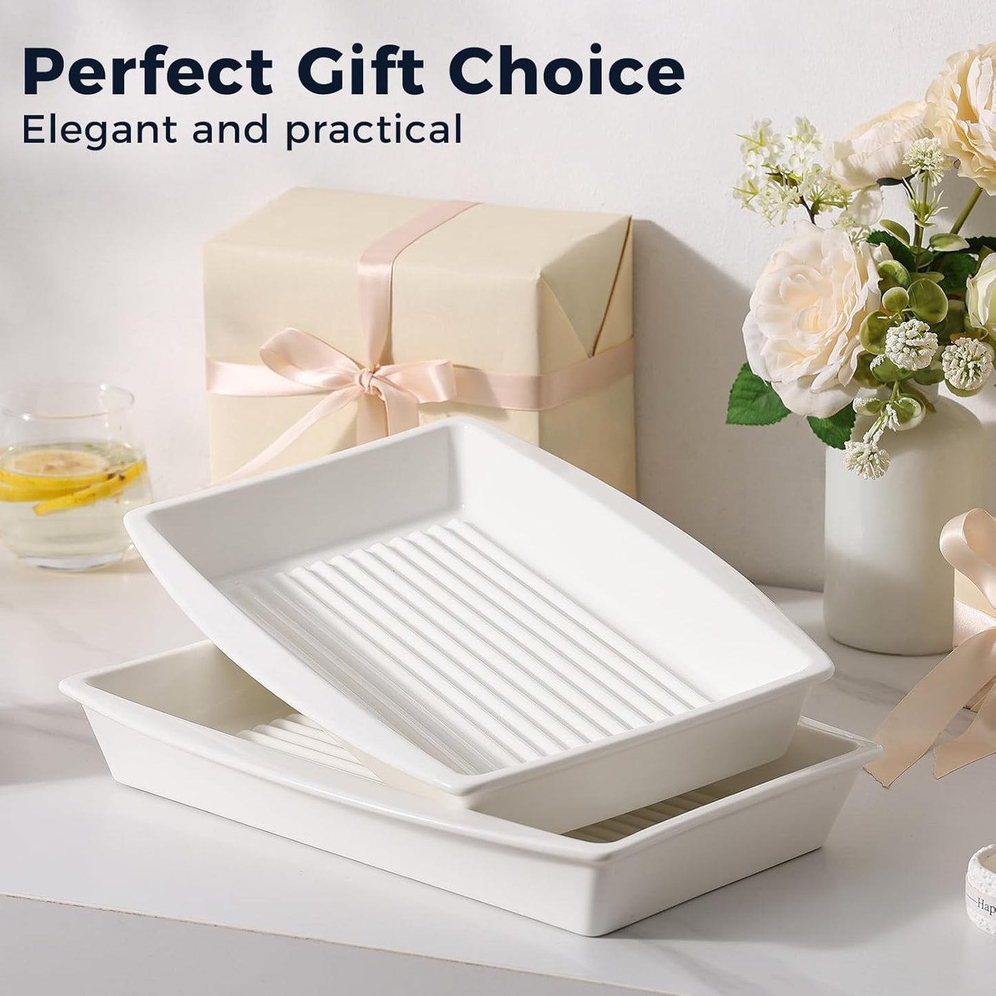 DELLING Baking Dish for Oven, 9.3'' x14'' Ceramic Casserole Dish, Lasagna Pan, Oven Safe Bakeware Sets with Handles for Baking, Roasting, White, Microwave, Dishwasher Safe, Set of 2