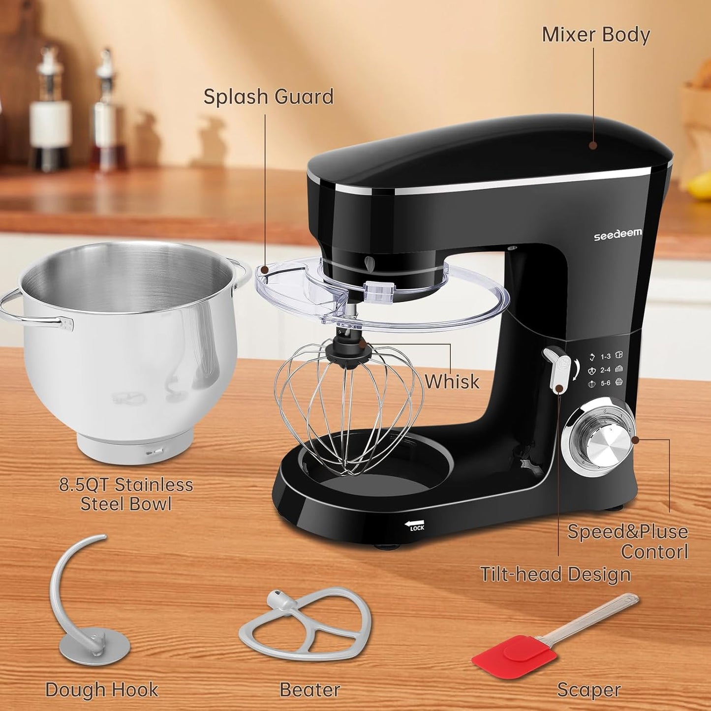 SEEDEEM 8.5 Qt Stand Mixer, 660W 6+P Speeds Electric Stand Mixer, Tilt-Head Kitchen Mixer with Dishwasher-Safe Dough Hook, Wire Whip & Beater for dough mixer Baking Daily Use, Black