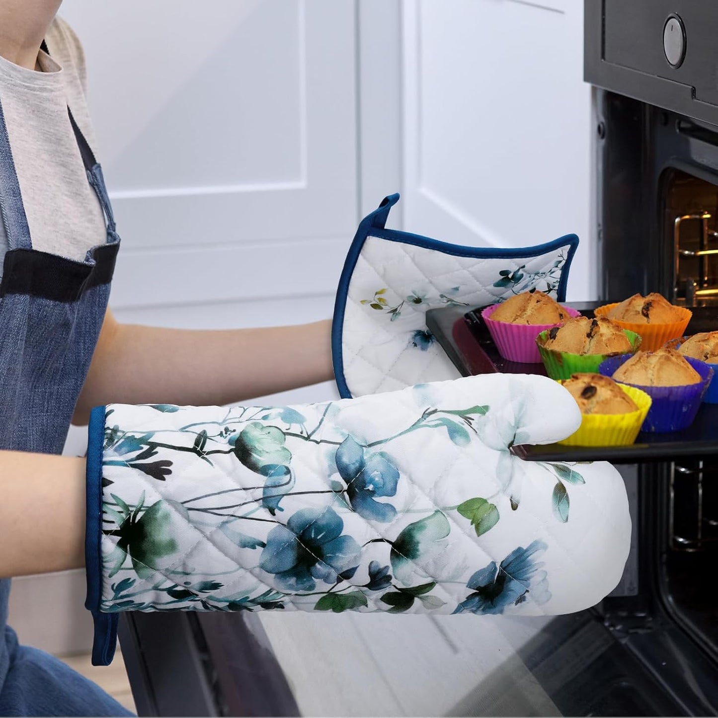 Blue Watercolor Flower Oven Mitts and Pot Holders Sets 100% Cotton Heat Resistant, Extra Long Oven Gloves Potholder for Kitchen Cooking Baking Housewarming