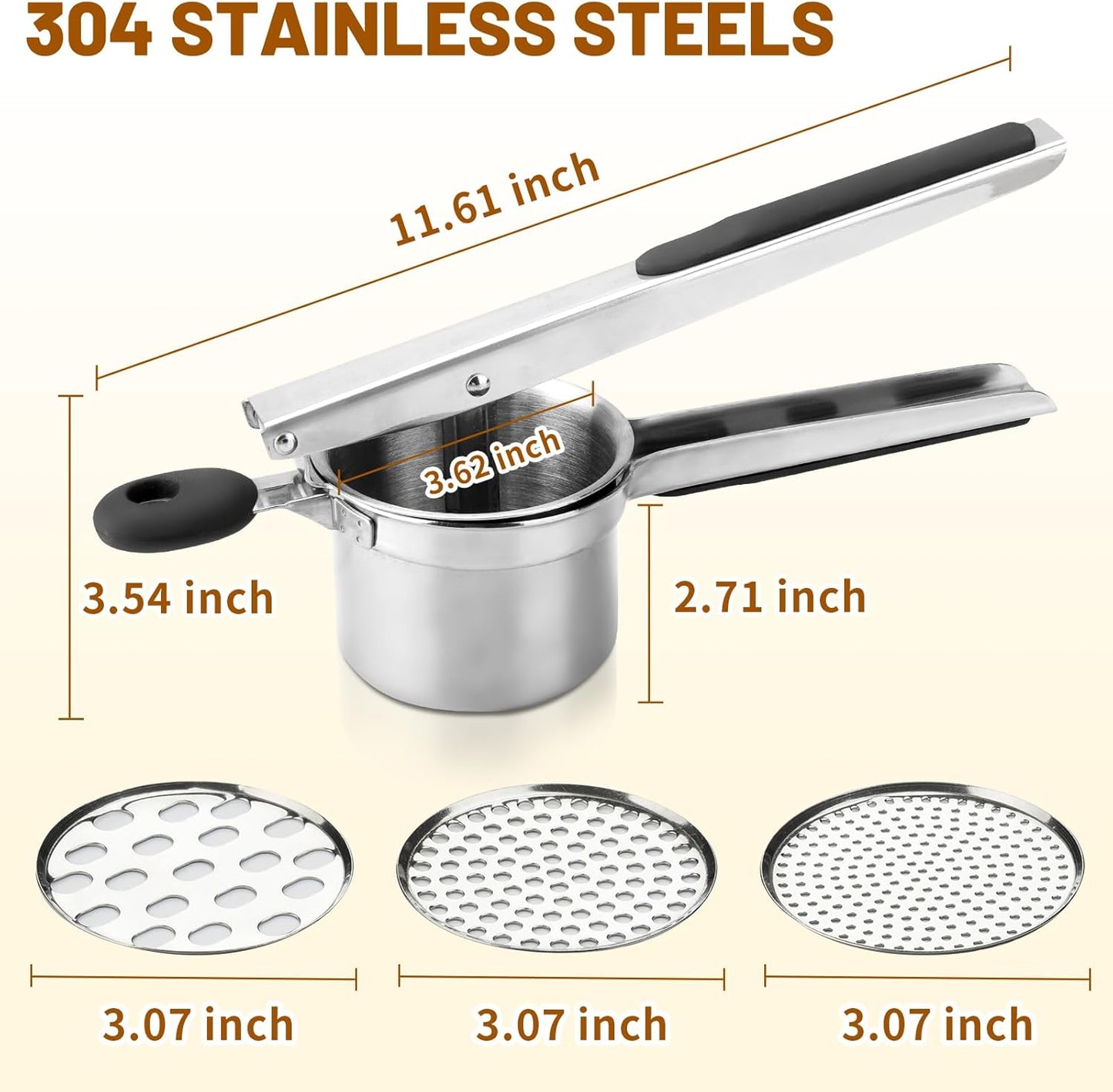 Potato Ricer 3 Interchangeable Discs Stainless Steel Potato Shredder for Smooth and Fluffy Mashed Potatoes, Puree, Fruit Juice, Baby Food (Silver)