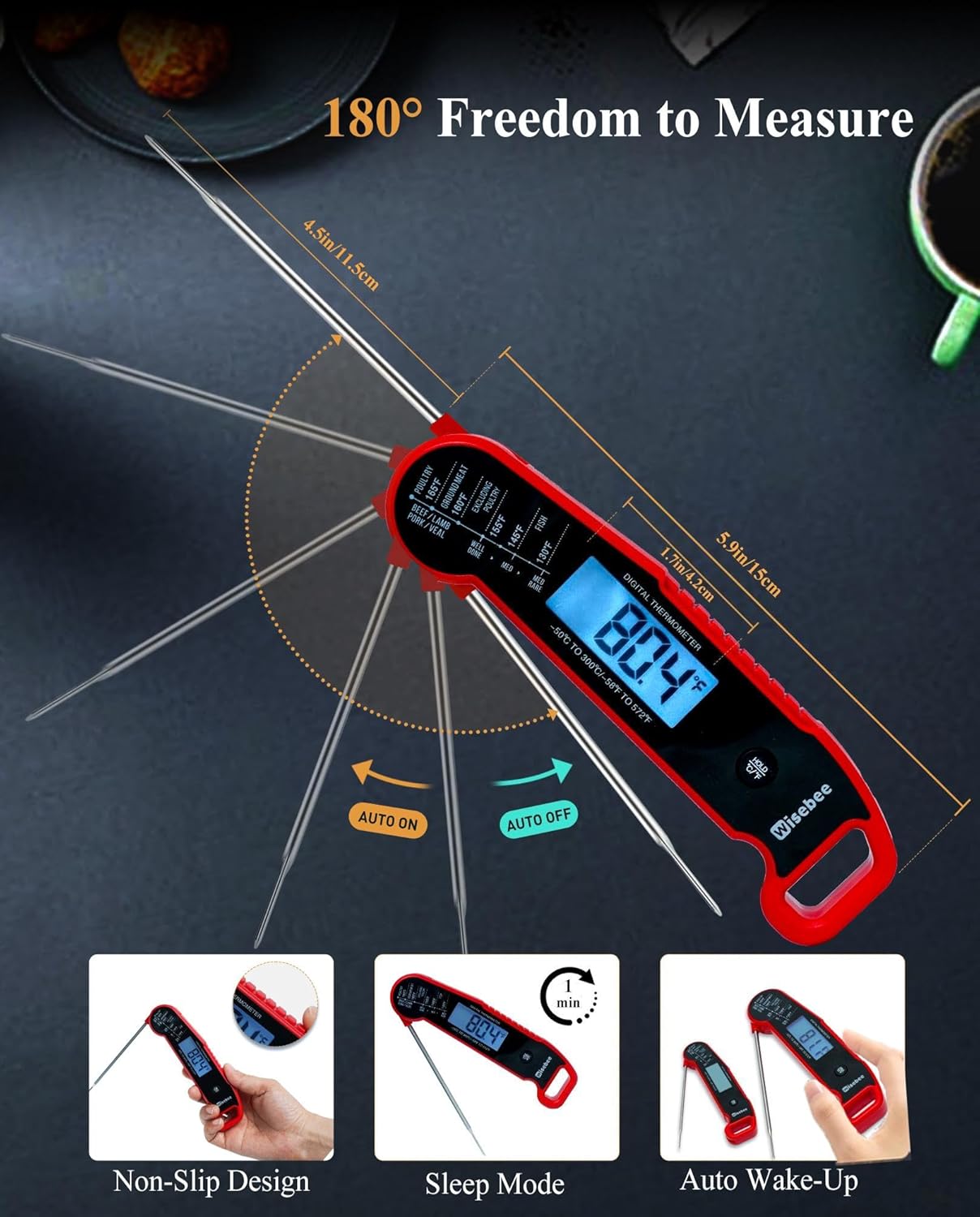 Wisebee Meat Thermometer Digital, 0.5 Sec Instant Read Waterproof Food Thermometer with 180°Auto-Rotate Backlit Display | Anti-Slip Handle | Magnetic Back | Hold Function for Cooking, Red