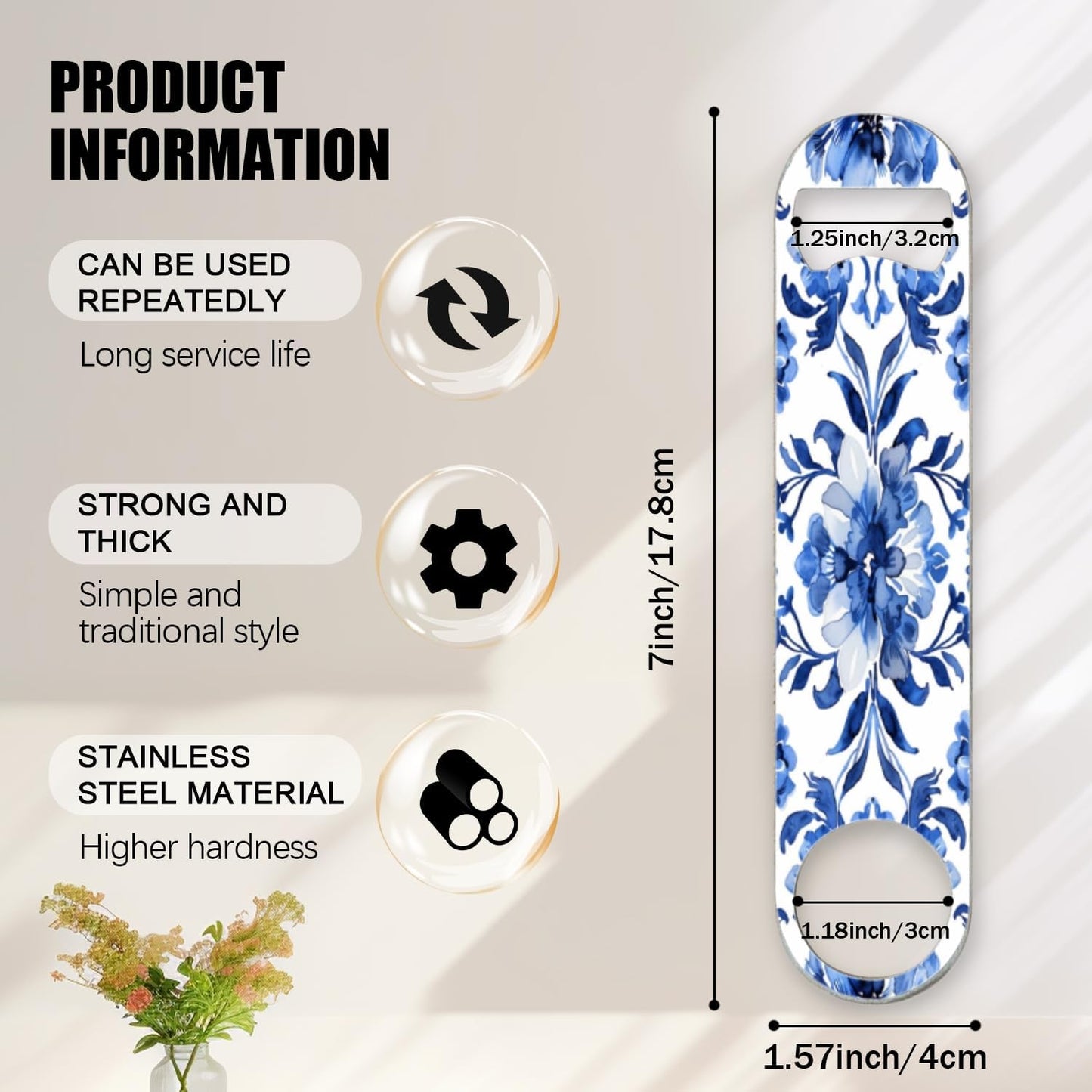 2 PACK Beer Bottle Opener, Stainless Steel Flat Bottle Openers,7 inch Metal Decor,Blue And White Hand-Painted Flower