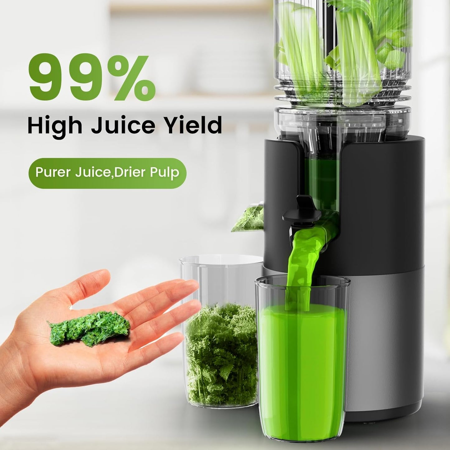 Cold Press Juicer Machines, High Nutrient Retention, 99% Juice Yield, 5.3" Wide Feed Chute for Whole Fruits & Vegetables, Quiet Slow Masticating Juicer, BPA-Free, Easy to Clean