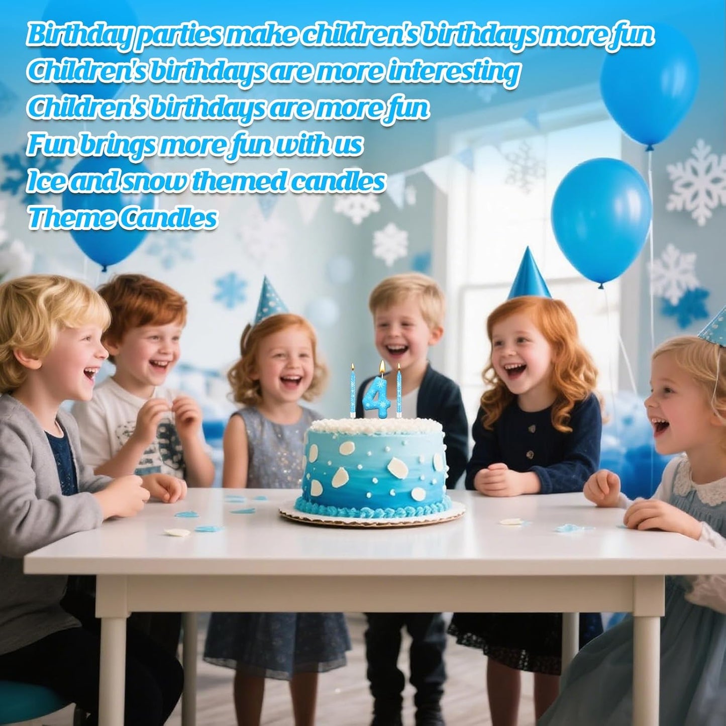 13PCS White and Blue Frozen Themed Party Birthday Candles Set - Blue Number Candles Snowflake Themed Decorations, Girls Party Supplies(Number 4)