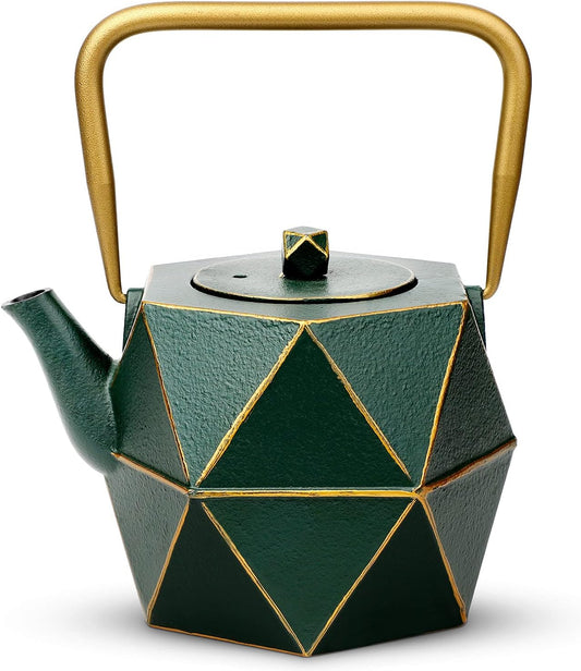Toptier Cast Iron Teapot, Stovetop Safe Japanese Cast Iron Tea Kettle, Diamond Design Tea Pot with Removable Infuser for Loose Tea, 30 Ounce (900 ml), Dark Green