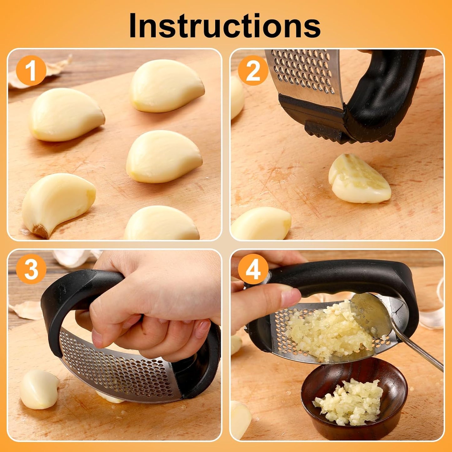 2Pcs Garlic Press Rocker, Stainless Steel GarlicMincer and Garlic Crusher, Easy-Squeeze GarlicTool (black+black)