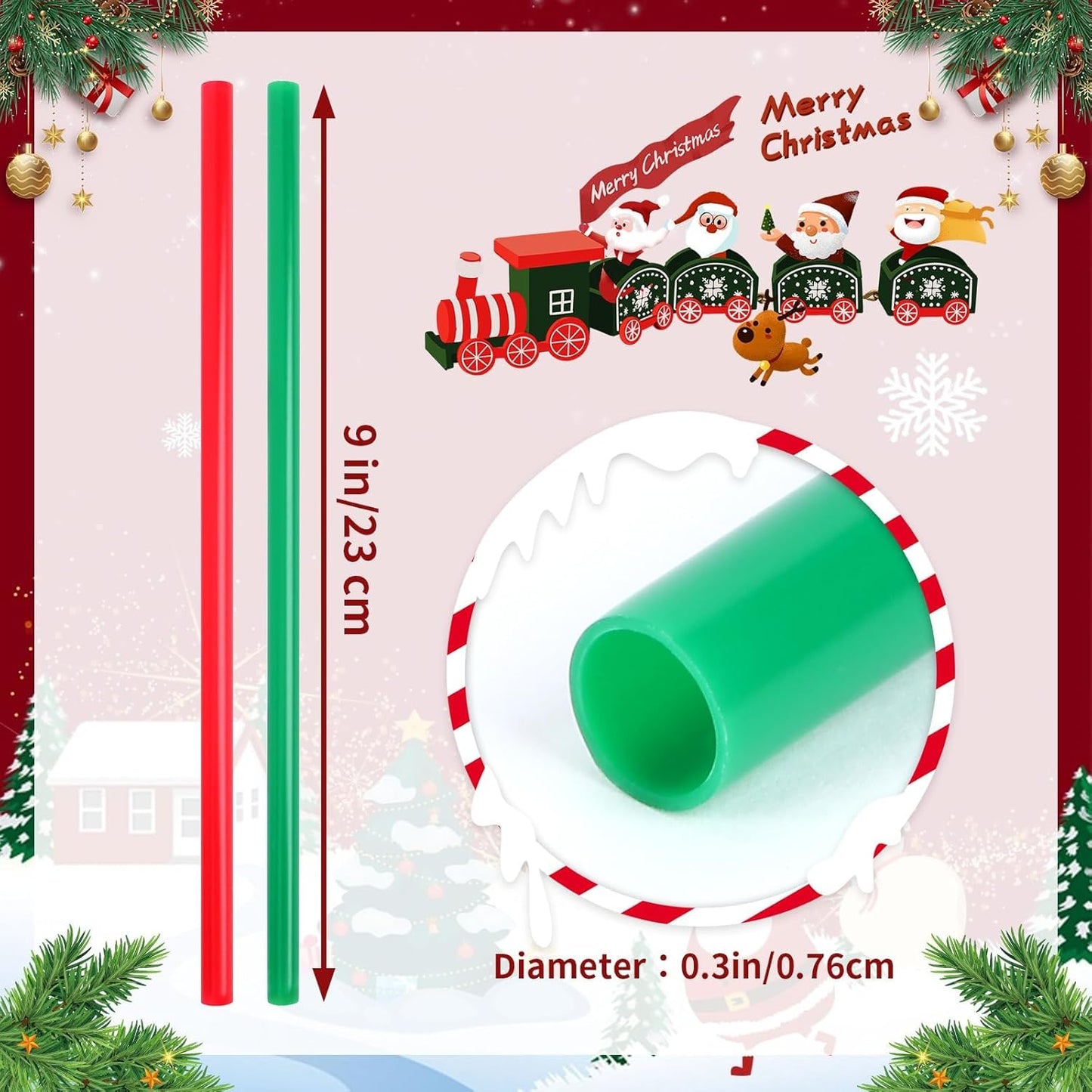 JANYUN 30 Pcs Christmas Straws Plastic, Reusable Red and Green Straws 9 Inch Xmas Hard Plastic Drinking Straws with Cleaning Brush for Holiday Christmas Party Favors Supplies Table Decoration