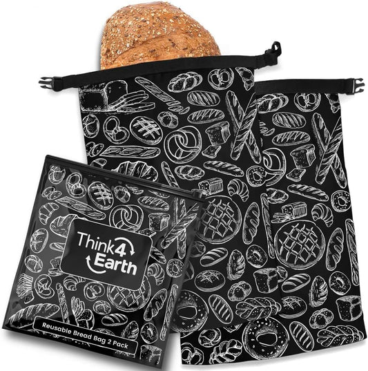 THINK4EARTH® Premium Black Reusable Bread Bags for Homemade Bread – Durable & Washable (2 Pack)