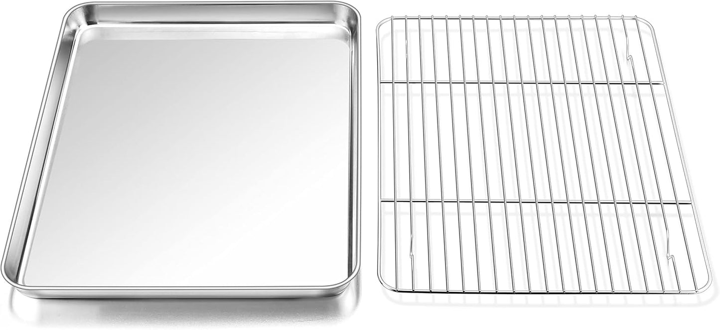 P&P CHEF 12.5 Inch Baking Sheet Pan with Rack Set, Stainless Steel Cookie Sheet Pan Tray with Cooling Rack for Oven Use, Cooking Roasting, Non Toxic & Dishwasher Safe, Heavy Duty
