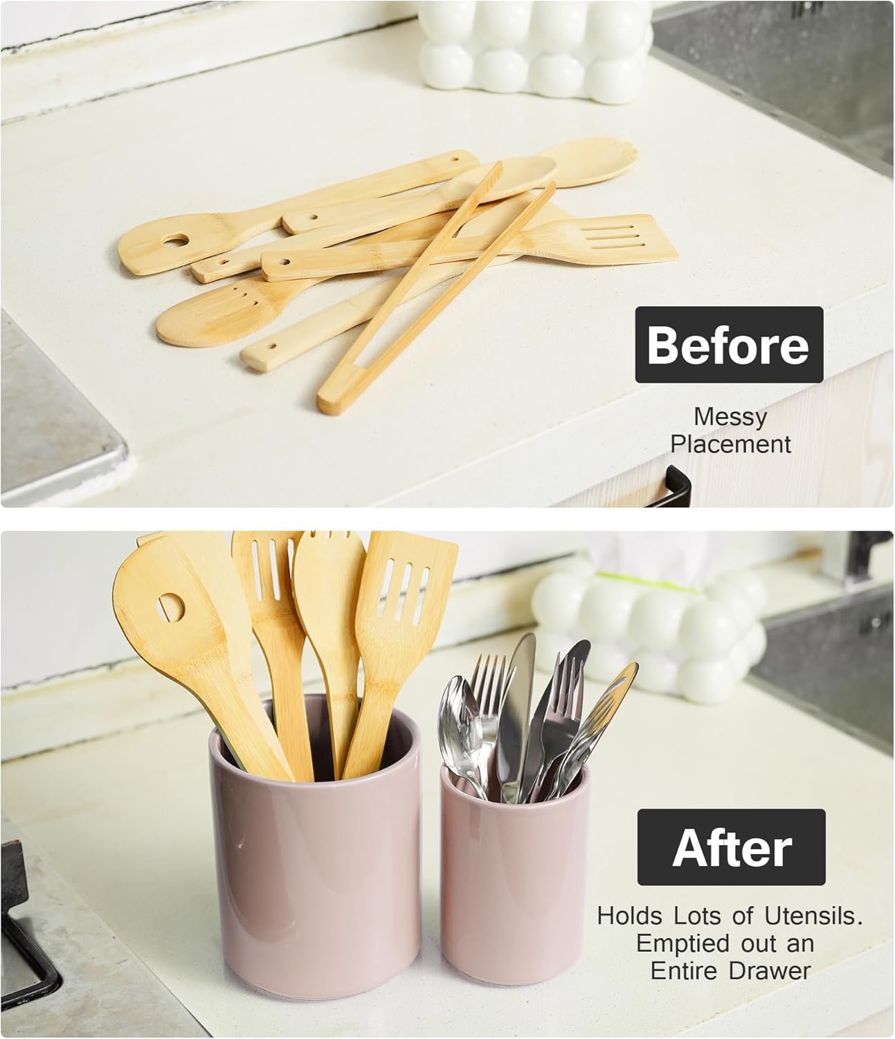 Set of 2 Utensil Holder, 7"+5" Ceramic Kitchen Utensil Holder for Countertop, Large Cooking Utensil Crocks for Counter, Morden Utensil Organizer for Spatula, Kitchen Decor (Red)