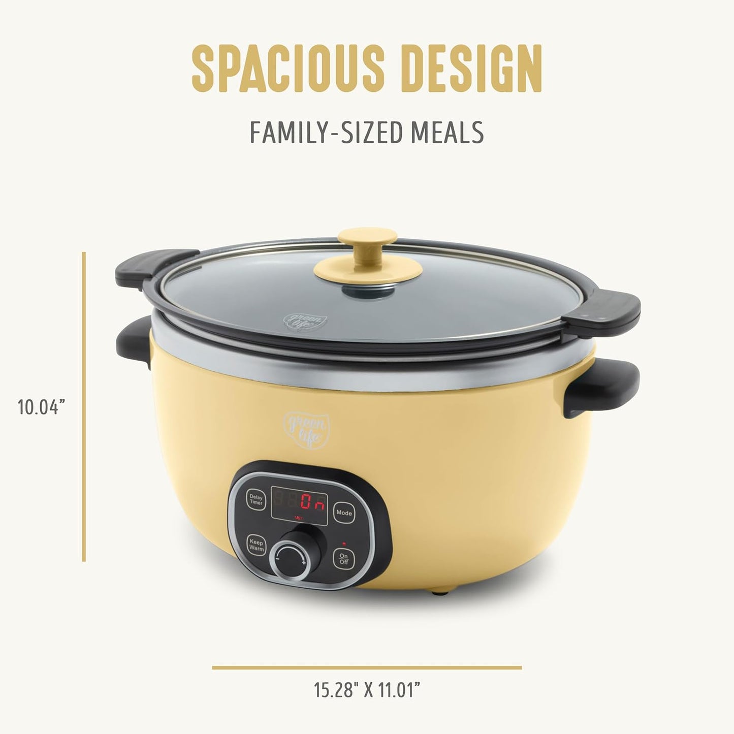 GreenLife 6QT Slow Cooker, Non-Toxic PFAS-Free Ceramic Nonstick Removable Interior Bowl, Programmable, Family Friendly, Keep Warm, Stovetop & Oven Safe, Dishwasher Safe Parts, Timer, Glass Lid, Yellow