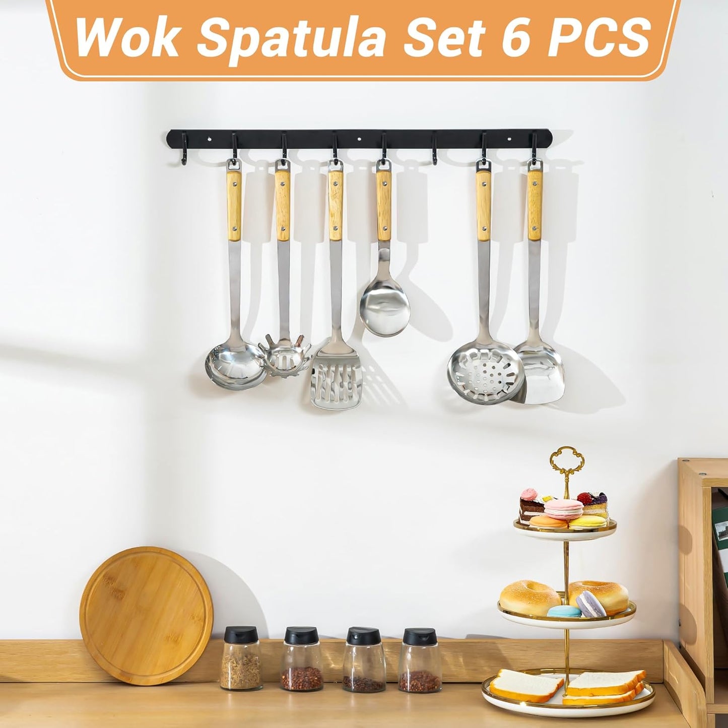 FJNATINH Cooking Utensils - Spatula and ladle Set with Wood Handle, 6 Pieces Wok Utensils Tools - Wok Accessories Cookware Set