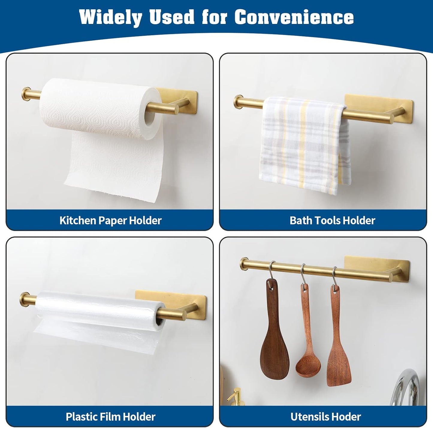 theaoo Gold Paper Towel Holder for Kitchen, Adhesive Under Cabinet Paper Towel Roll Rack for Bathroom Towel, Wall Mounted Matte Black, SUS304 Stainless Steel