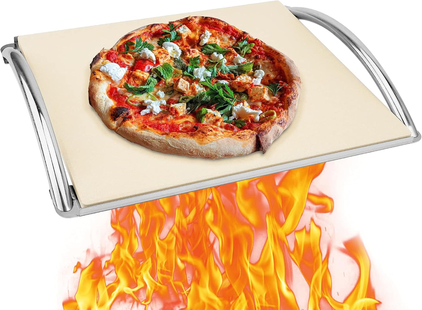 Skyflame 16” Rectangle Pizza Stone and Stainless Steel Rack with Handle, Heavy Duty Baking Stone Ideal for Most Charcoal/Gas Grills, Pizza Oven and Smoker