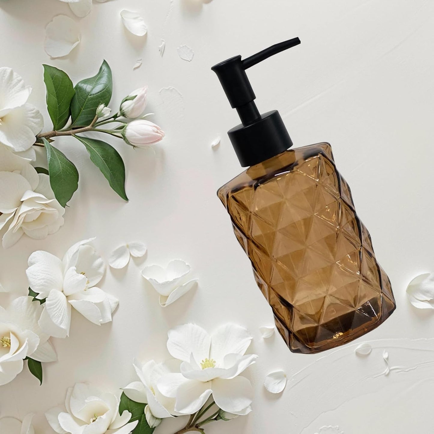 12Oz Small Glass Soap Dispenser with Black Plastic Pump, Brown Refillable Kitchen Countertop Liquid Hand Soap Dispensers with Diamond Design, Crystal Bathroom Lotion Bottle for Dispense Dish Soap