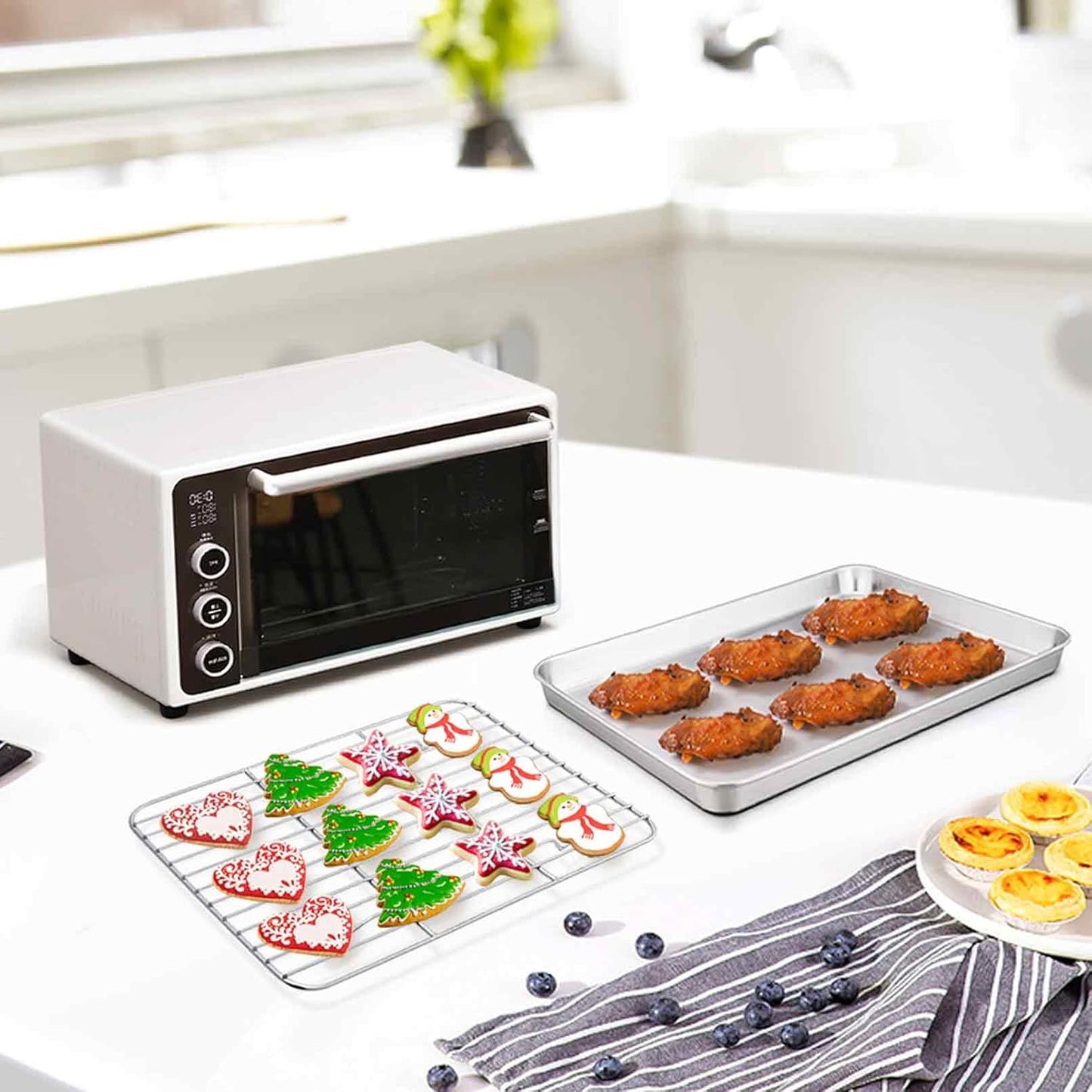 TeamFar 9'' x 7'' x 1'' Toaster Oven Pan with Rack Set of 4, Stainless Steel Compact Toaster Ovenware Pan with Cooling Rack, Healthy & Heavy Duty, Easy Clean & Dishwasher Safe, (2 Pans + 2 Racks)