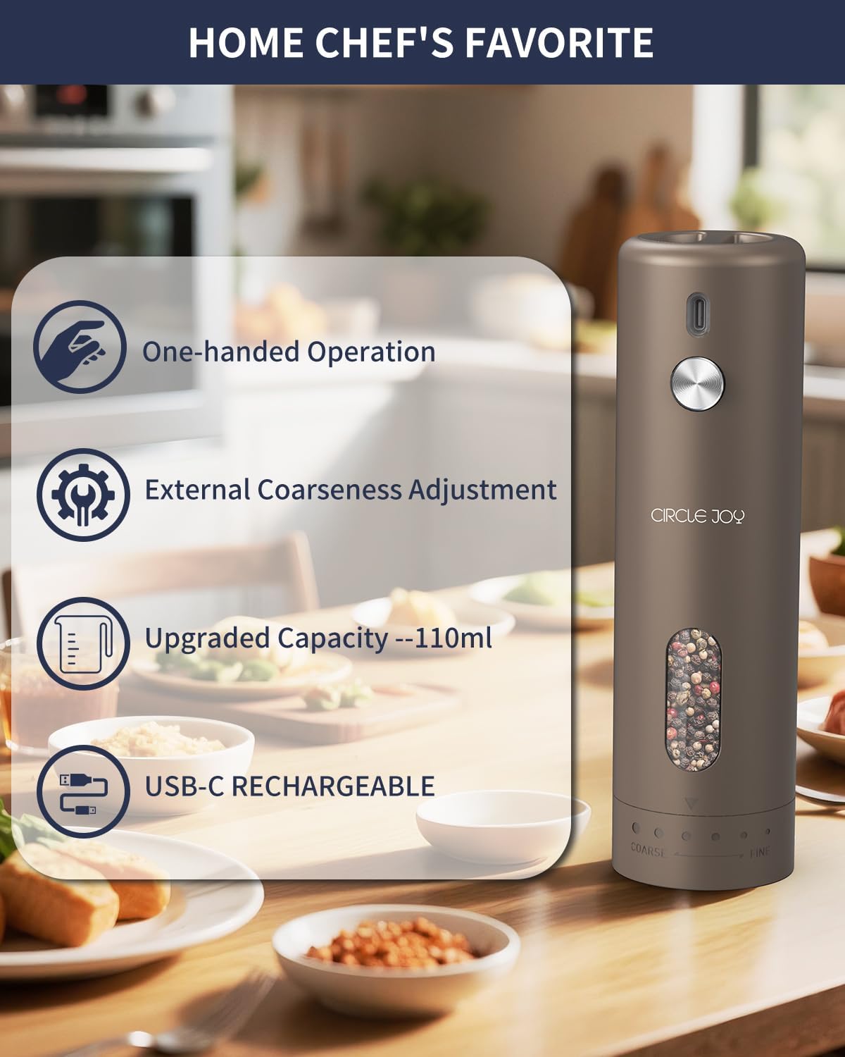 CIRCLE JOY Rechargeable Electric Salt and Pepper Grinder Set with Base, Automatic Pepper Mills with 110ml Container, External Adjustable Coarseness, White Led Light and One-Handed Operation, Brown