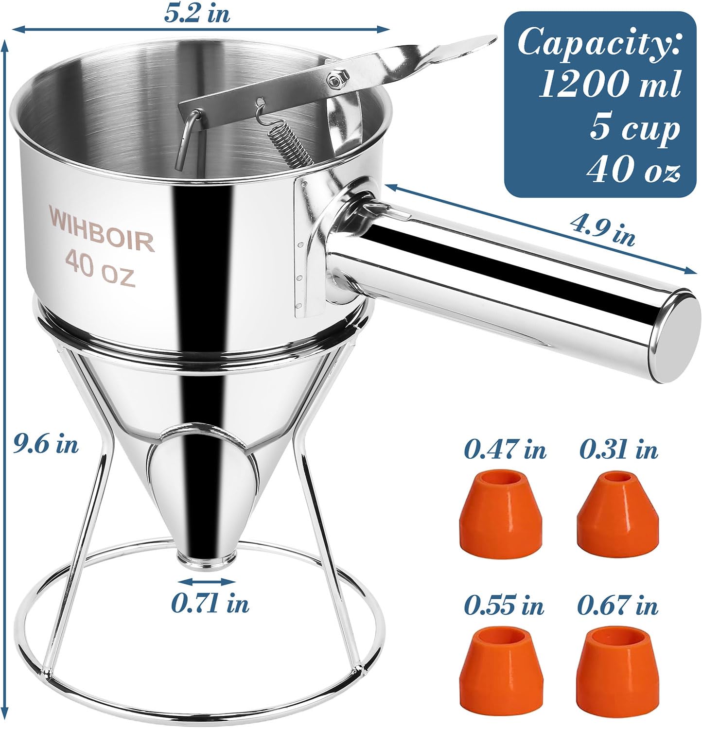 Stainless Steel Pancake Batter Dispenser with Squeeze Handle and Multi-Nozzle, for Pancakes, Cupcakes, and Baked Goods. 40 oz