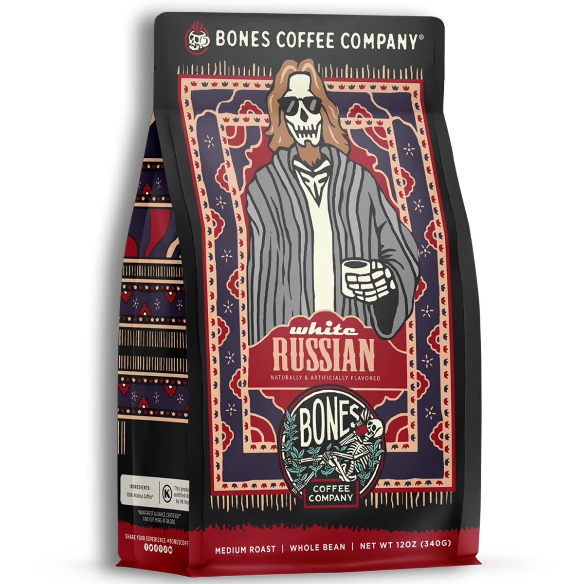 Bones Coffee Company White Russian, Cream and Cocktail Flavored Coffee, Medium Roast Low Acid Arabica Beans Compatible with Auto drip and French Press Coffee Maker, 12 Oz Whole Bean