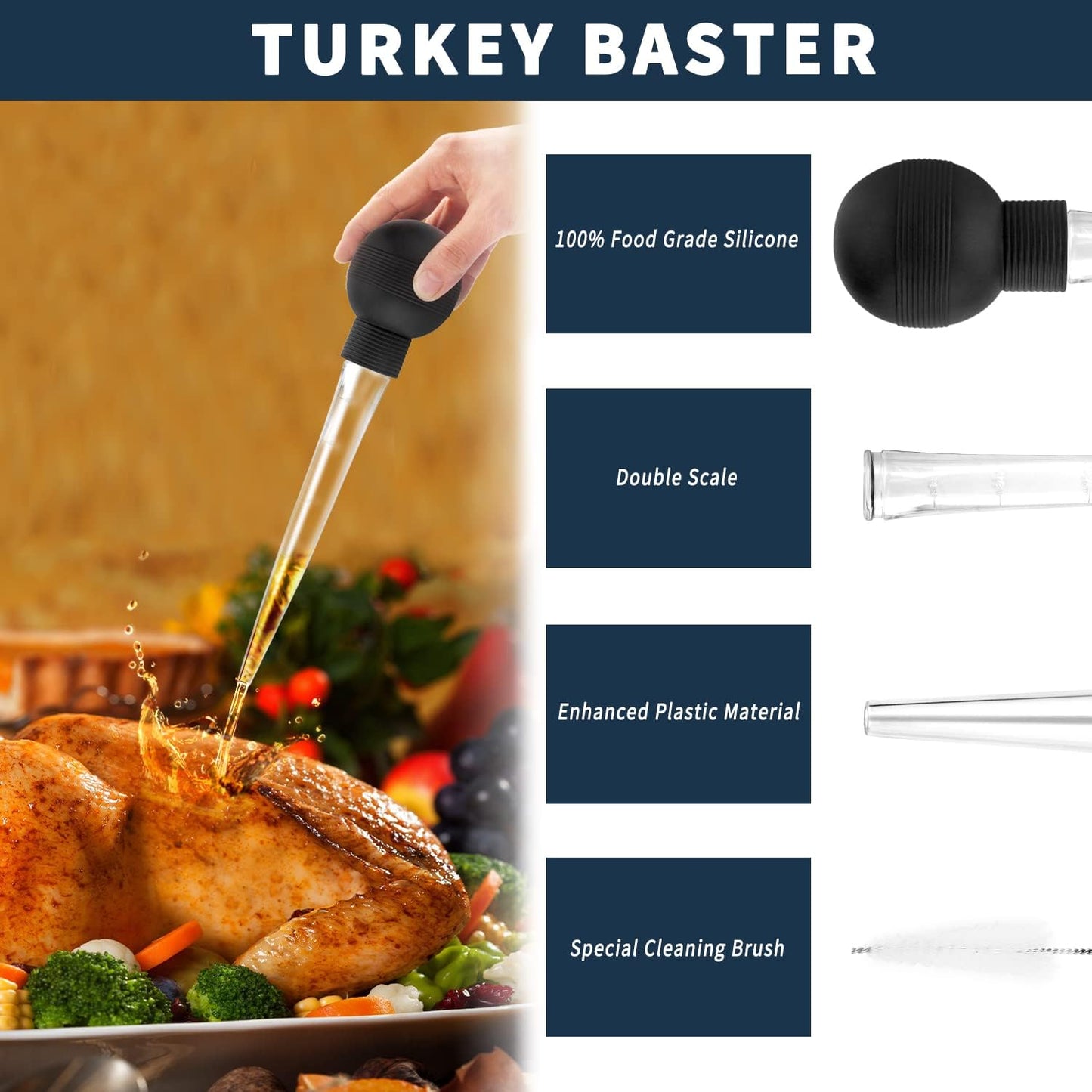 Turkey Baster With Cleaning Brush, Baster Syringe for Home Baking and Roaster Turkey, Include Detachable Food Grade Bulb with Double Scales for BBQ Grill Baking Kitchen Cooking