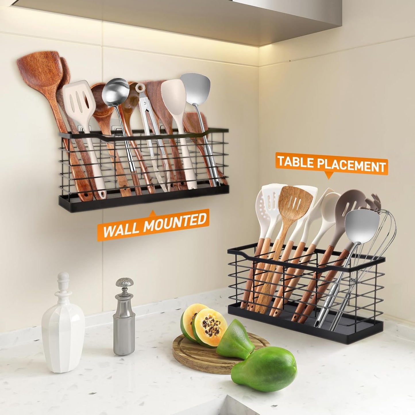 Large Utensil Holder for Kitchen Countertop,Cookware Organizer Dryer with Diatomaceous Earth Base,Cooking Tools Storage for Kitchen Counter,Metal Matte Black(4 Compartments)