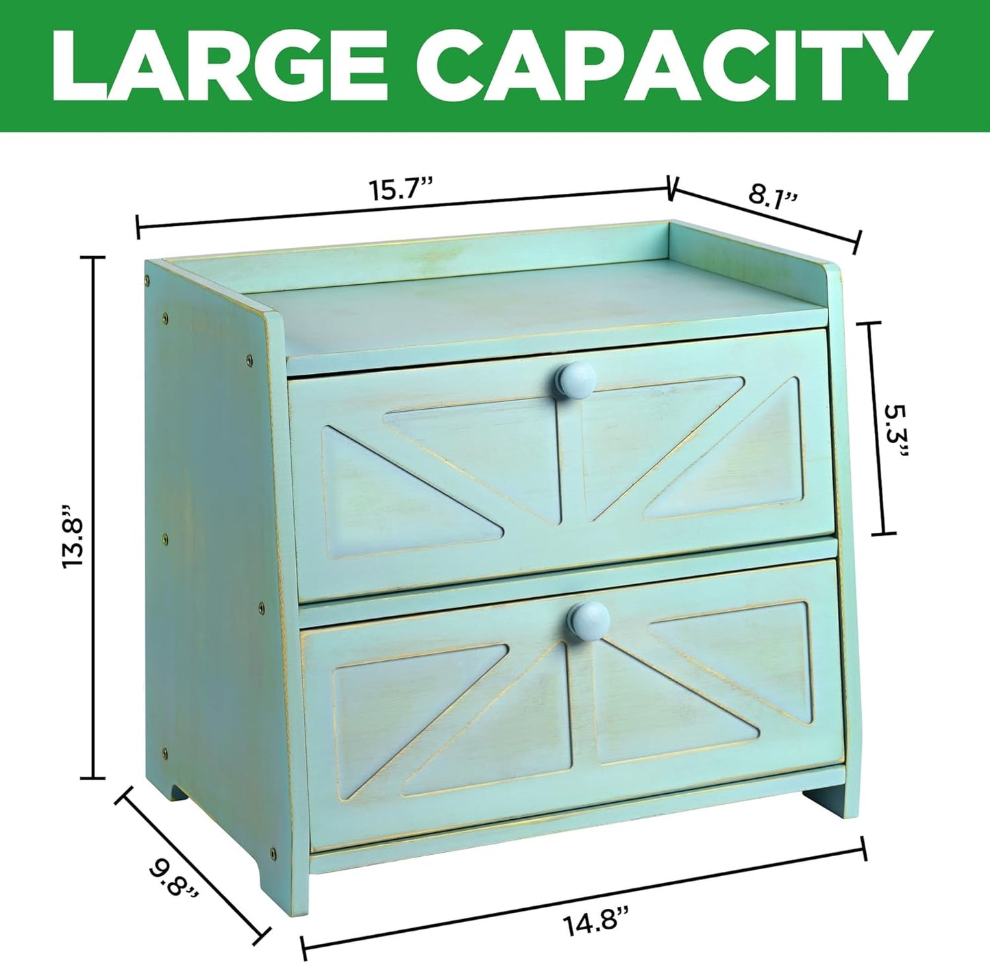 Vintage Double Layer Bread Box for Kitchen Countertop, Bamboo Bread Storage Container, Breadbox for Homemade Bread, Large Capacity Bread Bin(Green)