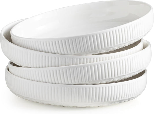 YHOSSEUN 9.75" Pasta Bowls Set of 4, 50 OZ Large Salad Serving Bowls Pasta Plates, White Soup Bowl for Kitchen Meal Prep, Ceramic Shallow Dishes Dinner Bowl, Clover Stripe