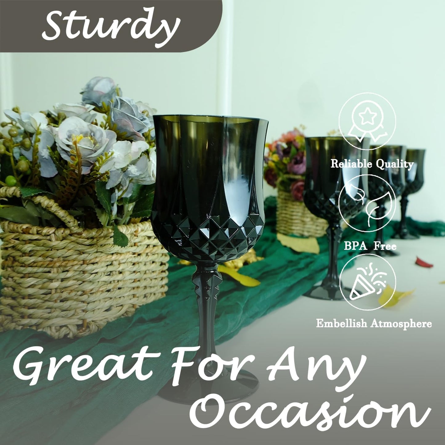 Plastic Wine Glasses，Plastic Goblets Vintage Style Cordial Drinking Glasses for Wedding Reception, Grand Event Party Supplies (24, Black)