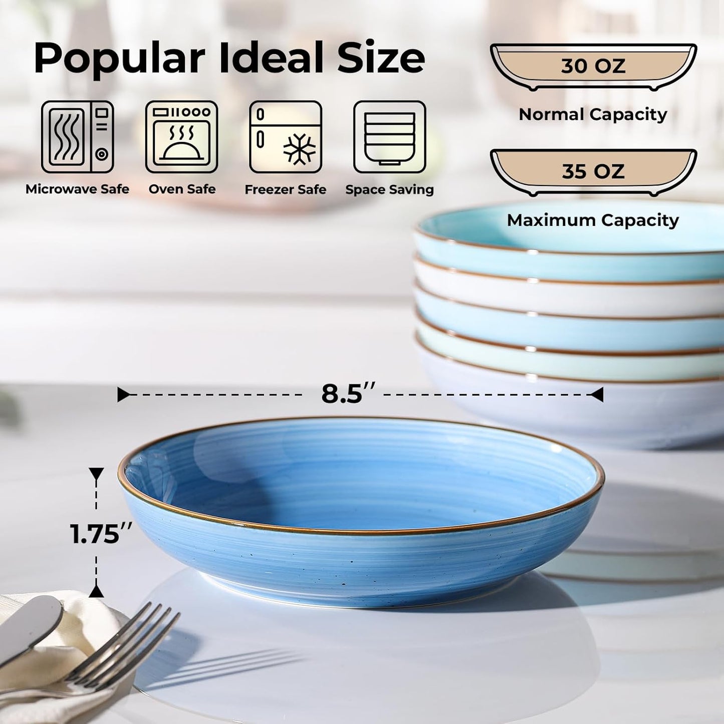 Y YHY 8.5'' Pasta Bowls Set of 6, 30 oz Ceramic Shallow Salad Bowls, Large Serving Soup Bowls Pasta Plates, Microwave & Dishwasher Safe Dinnerware Valentine's Day Gift, Gradient Blue