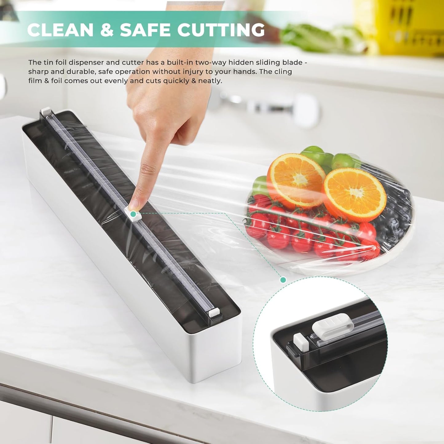 Magnetic Plastic Wrap Dispenser with Cutter - Practical Refillable Aluminum Tin Foil and Plastic Wrap Organizer for Drawer, Including an Extra Roll of 12"X 164' Food Cling Film - Black