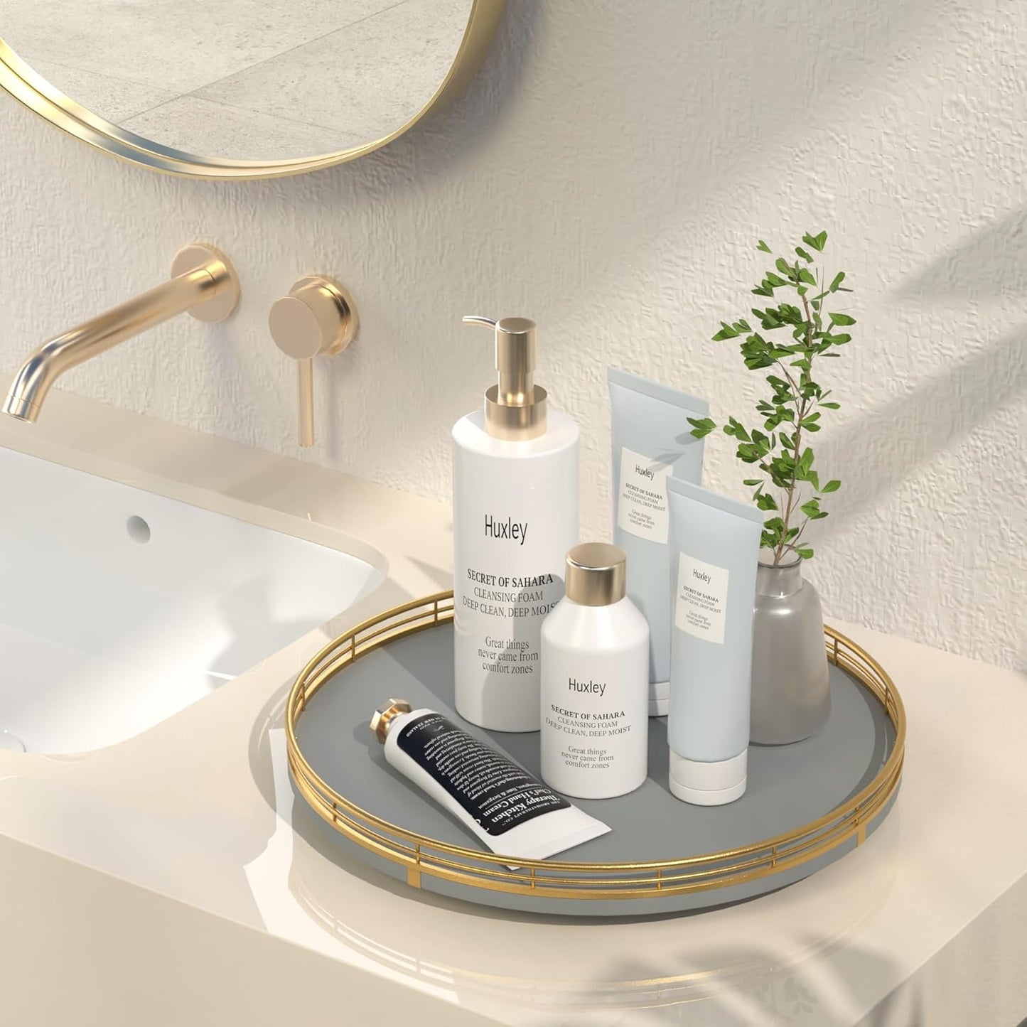 13" Wooden Lazy Susan Turntable for Cabinet – Round Rotating Spice Rack Organizer, Gray Kitchen Countertop Tray for Dining Table & Pantry Storage（Gray & Gold）