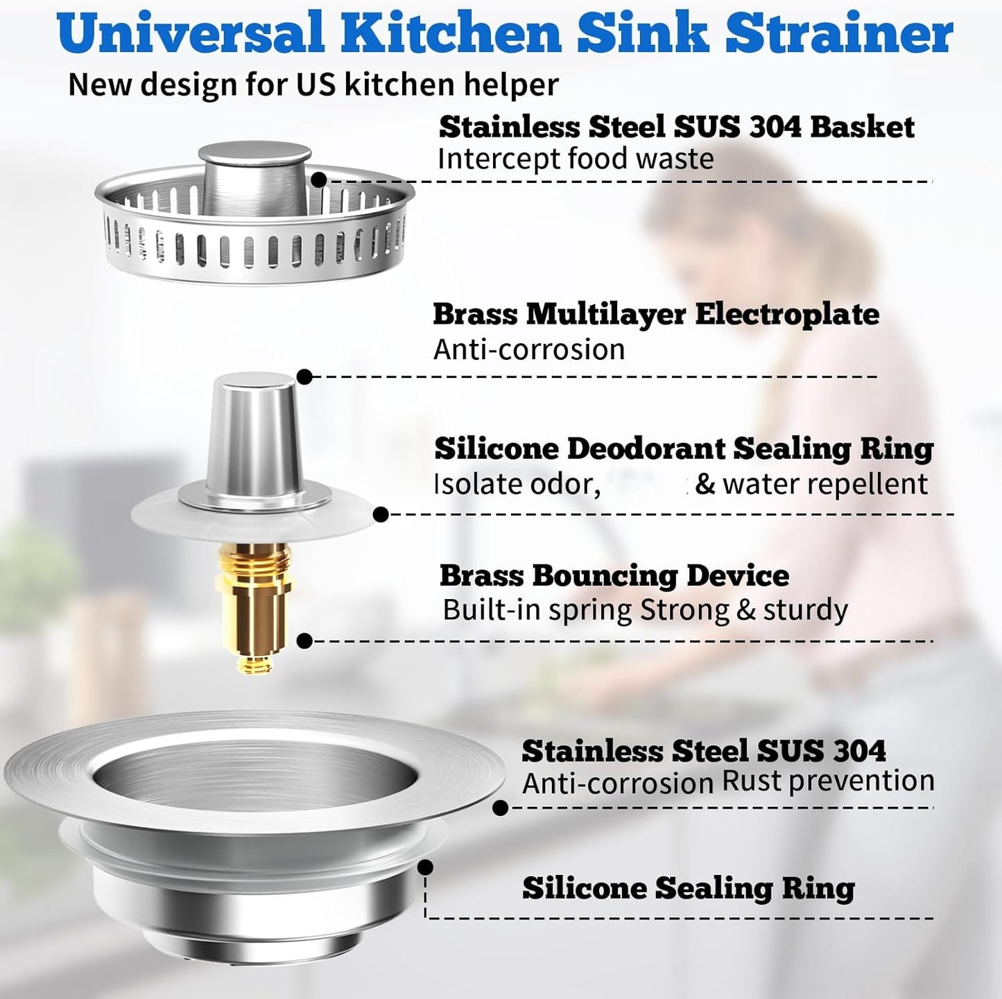 Upgraded 3 in 1 Kitchen Sink Drain Strainer Stopper, Brushed Stainless Steel SUS 304 Pop Up Sink Drain Stopper for Standard 3-1/2 Inch Drain Anti-Clogging Odor Prevention