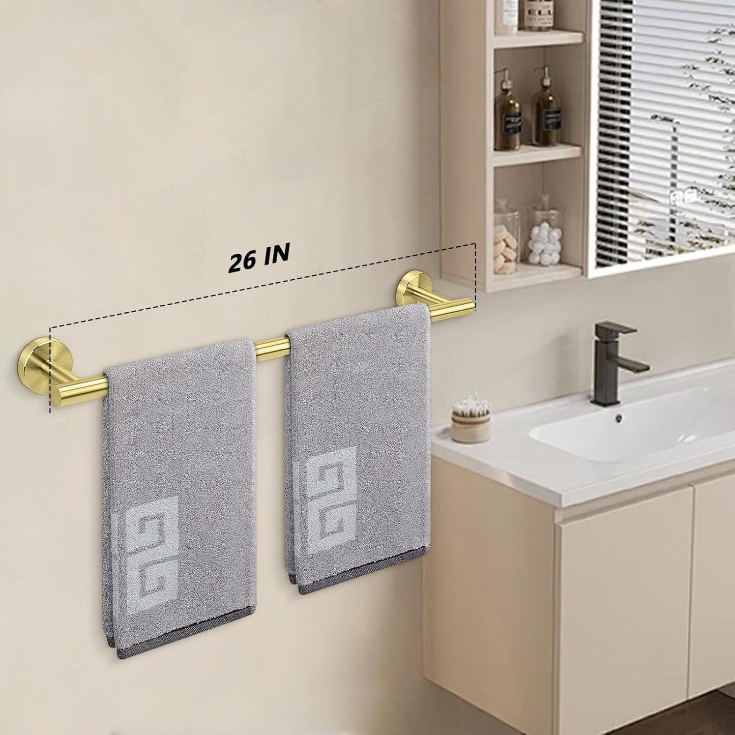 NearMoon Bath Towel Bar, Bath Accessories Thicken Stainless Steel Shower Towel Rack for Bathroom, Towel Holder Wall Mounted (1 Pack, Brushed Gold, 26 Inch)