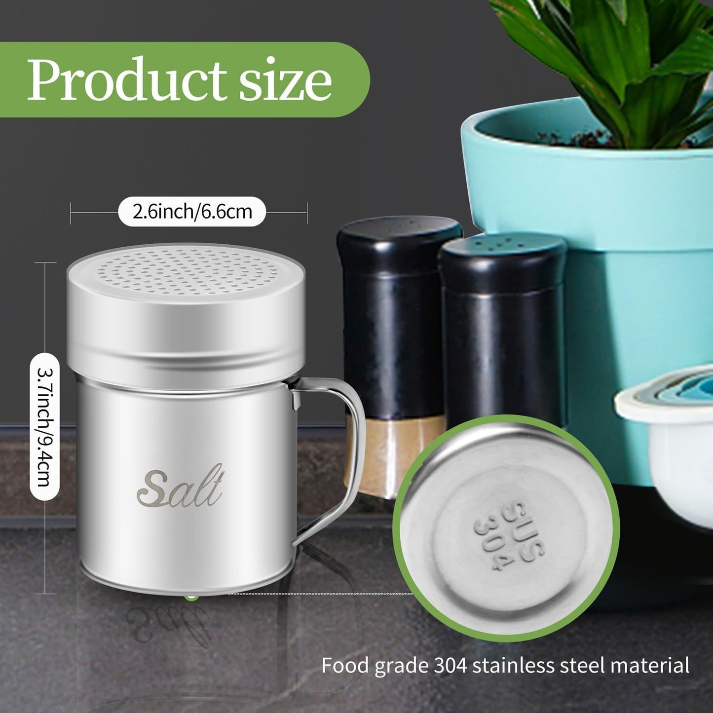 Stainless Steel Salt and Pepper Shakers Set, 10 OZ Seasoning Spice Shaker with Lid and Handle 127 Holes, Metal Dredge Shaker for Powder Sugar Cooking Kitchen Baking (2 Pieces)