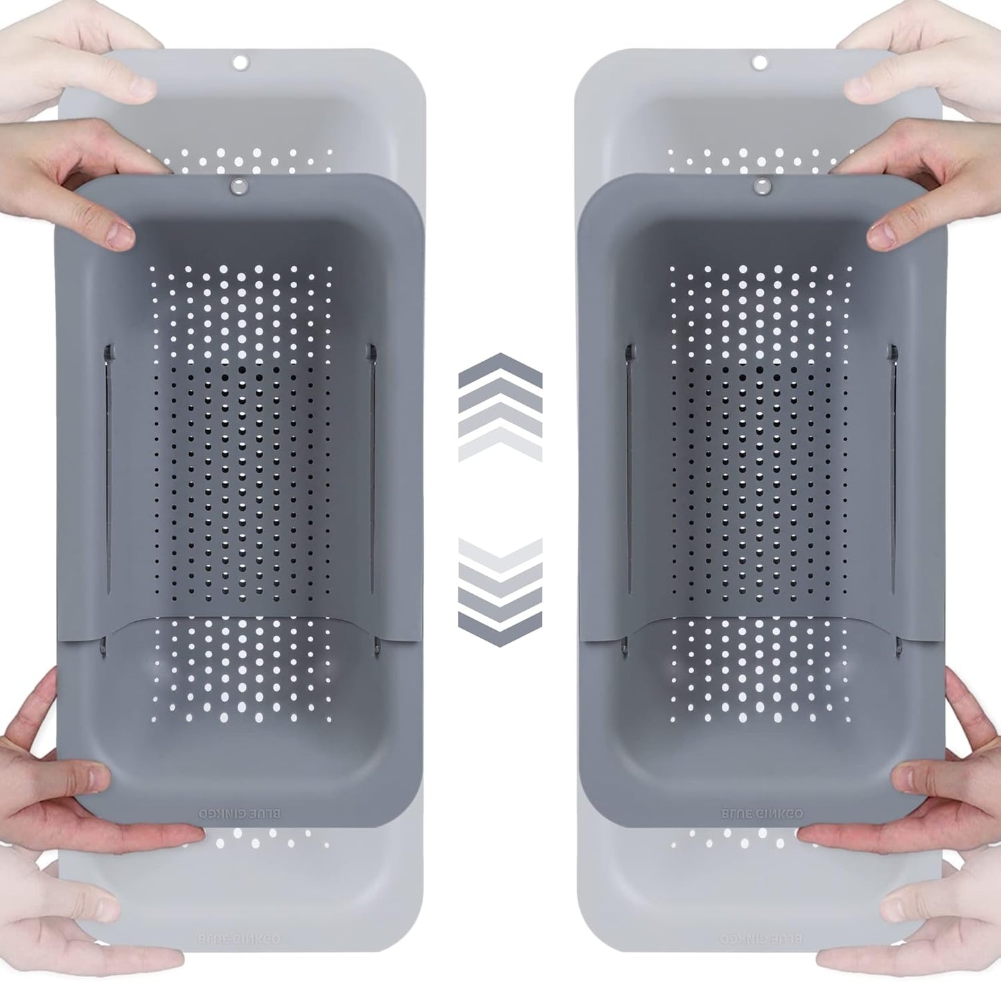 BLUE GINKGO Sink Colander Baskets - (Pack of 2) Wash Vegetables and Fruits, Drain Cooked Pasta and Dry Dishes - Extendable - New Home Kitchen Essentials (2 Grey)