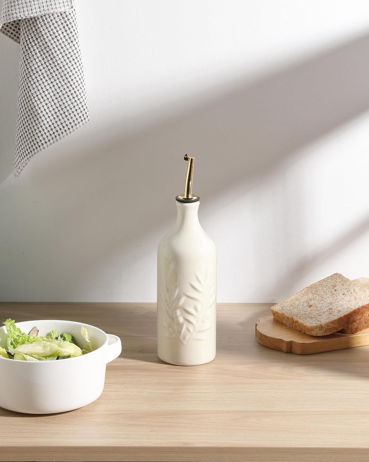 Sweejar Ceramic Olive Oil Dispenser Bottle 20 Oz Relief Opaque Oil Cruet Protects To Reduce Oxidation Suitable for Storage Vinegar, Soy Sauce, Coffee Syrup, Liquids, Set of 1 (Beige Gold Spout)