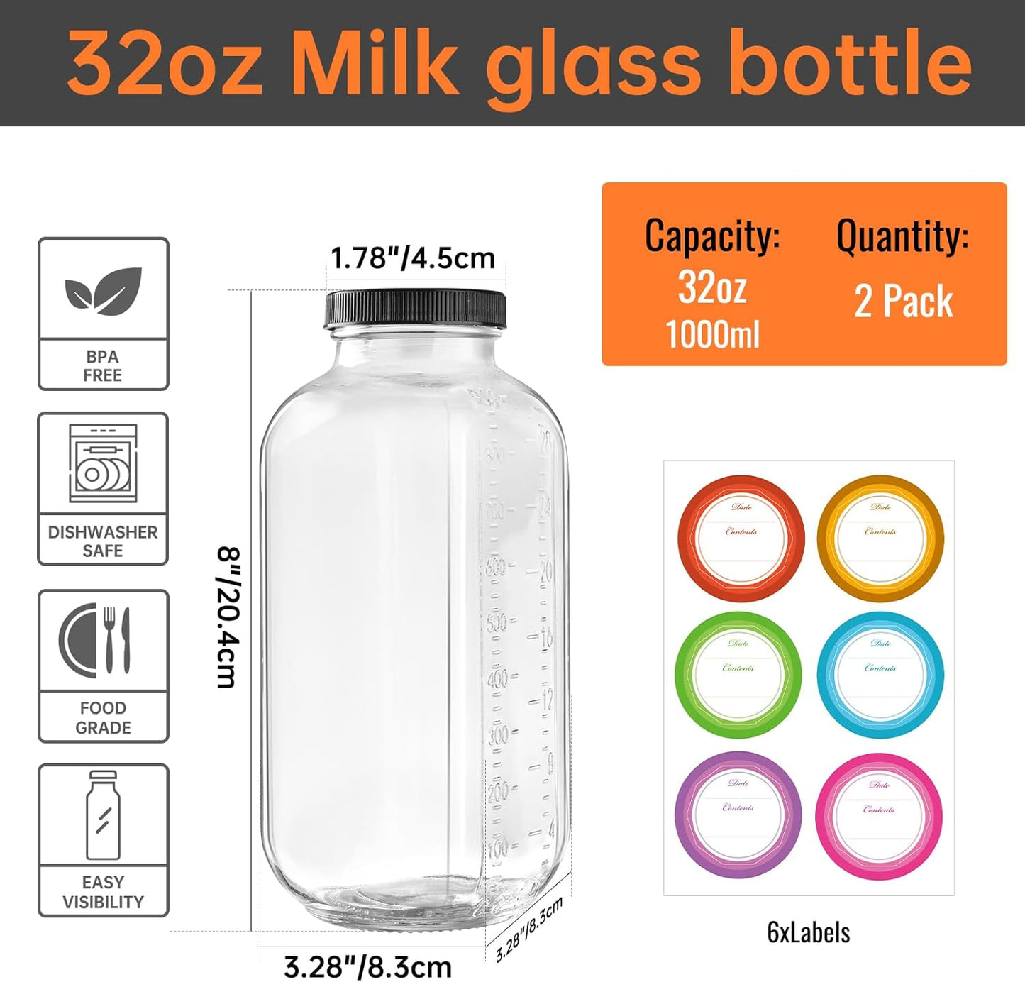 STARSIDE 32 oz Glass Juice Bottles with Lids 2 Pack - Square Reusable Drinking Jars for Juicing, Milk, Kombucha - Includes 1 Bottle Brush, 6 Colored Labels