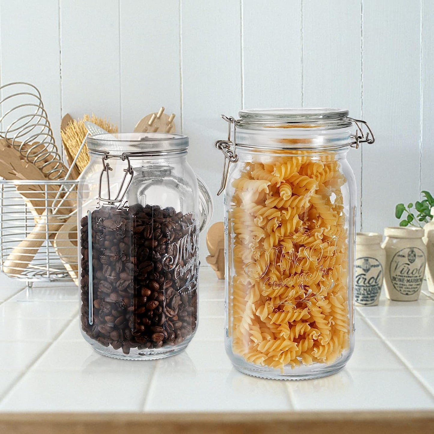 Tebery 4 Pack Clear Wide Mouth Glass Mason Jars with Airtight Clamp Lids, 32Oz Glass Storage Containers Large Kitchen Canisters for Food, Flour, Pasta, Coffee, Candy, Dog Treats, Snacks & More