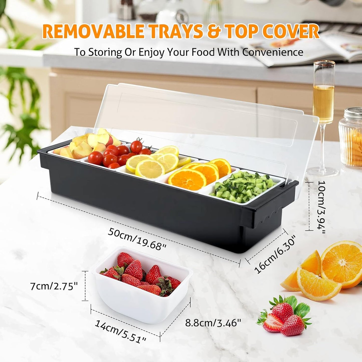 WICHEMI Fruit, Veggie & Condiment Caddy with Lid Dispenser Tray Plastic Garnish Station for Bartending & Serving Taco, Ice Cream, Salad Bar - Topping Organizer for Restaurant Supplies (5 Compartment)