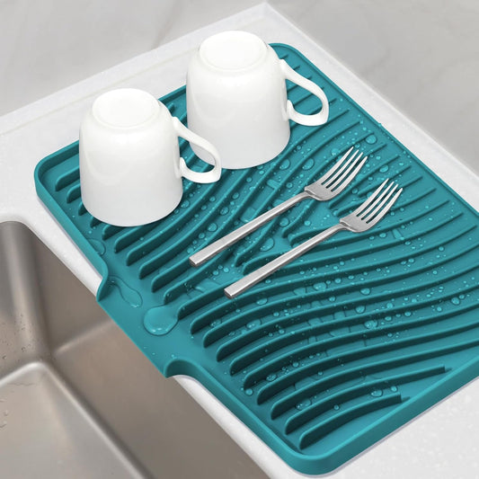 Silicone Dish Drying Mat, Stone Drying Mat for Kitchen Counter with Built-In Drain, Non-Slip Drain Pad with Built-in Drain, Heat Resistant Stone Drying Mat, 1Pcs 19.7" x 17", Green