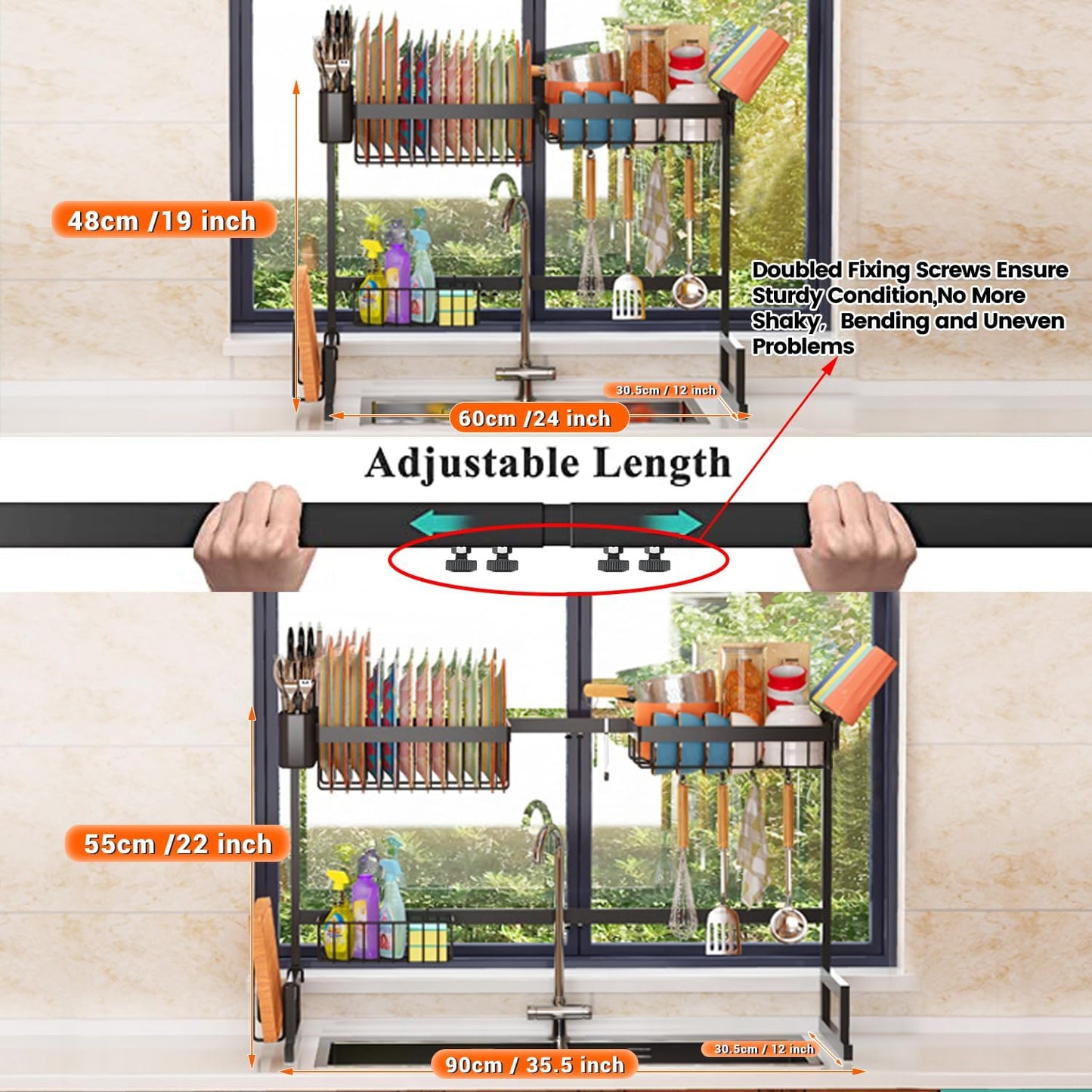 Over Sink Dish Drying Rack (Expandable Height/Length) Snap-On Design Large Dish Drainer Storage Counter Organizer 24" - 35.5"(L) x 12"(W) x 19" - 22"(H)