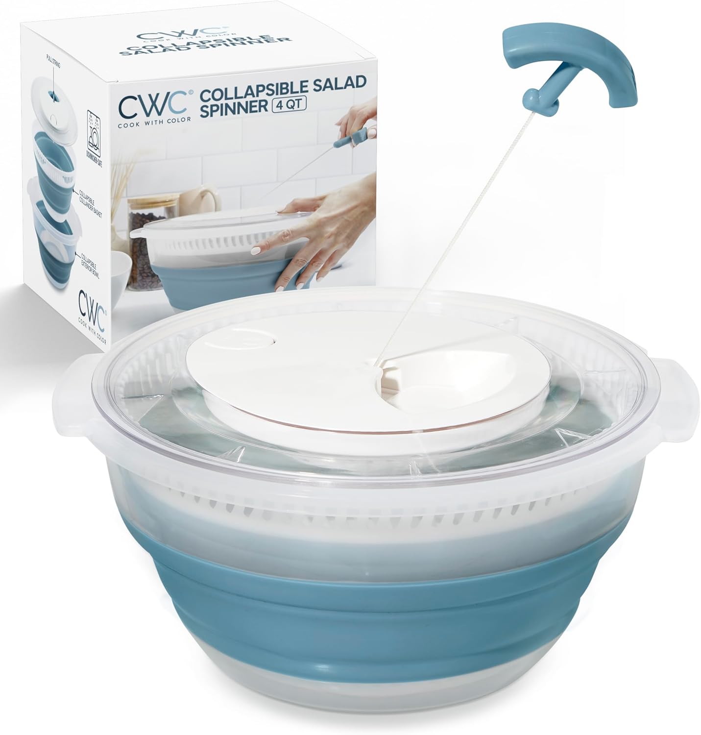 COOK WITH COLOR Collapsible Salad Spinner - 4 QT Space Saving Lettuce Dryer with Folding Collapsible Colander Great for Washing and Drying Fruit and Vegetables (Blue)
