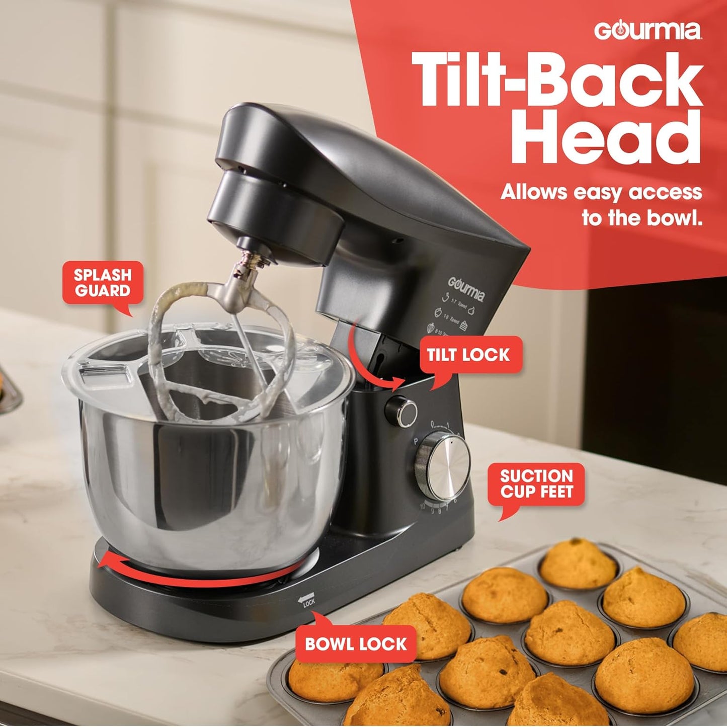 Gourmia 5 Quart 10-Speed Electric Stand Mixer with Bowl + Shield, Dough Hook, Whisk and Beater - Household Kitchen Standing Dough Maker Machine