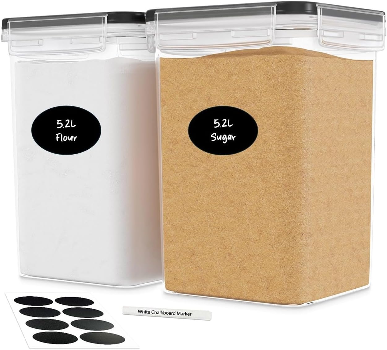 DWËLLZA KITCHEN Large Flour Sugar Storage Containers Set of 2; 175 FL. oz - 5.2L Plastic Airtight Food Storage Containers with Lids for Kitchen Pantry Organization - Food Containers, Labels & Marker