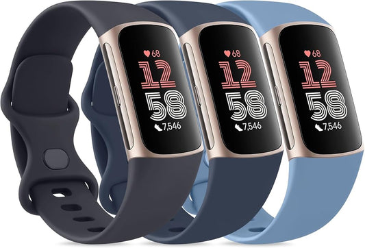 3 Pack Bands for Fitbit Charge 6 / Charge 5 Bands Women Men, Soft Silicone Waterproof Adjustable Wristband Replacement Sport Straps for Fitbit Charge 5 / Charge 6 Fitness Tracker