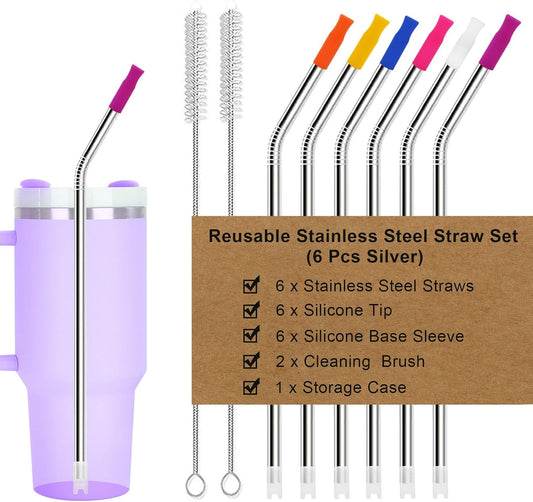 Newly Upgraded 10.5In Bent Metal Straws Reusable Set 6 PCS with 12 Silicone Accessories, 2 Straw Brush, 1 Storage Case, BPA Free, Eco-Friendly Stainless Steel Straws for 14, 20, 30,40 oz Tumbler