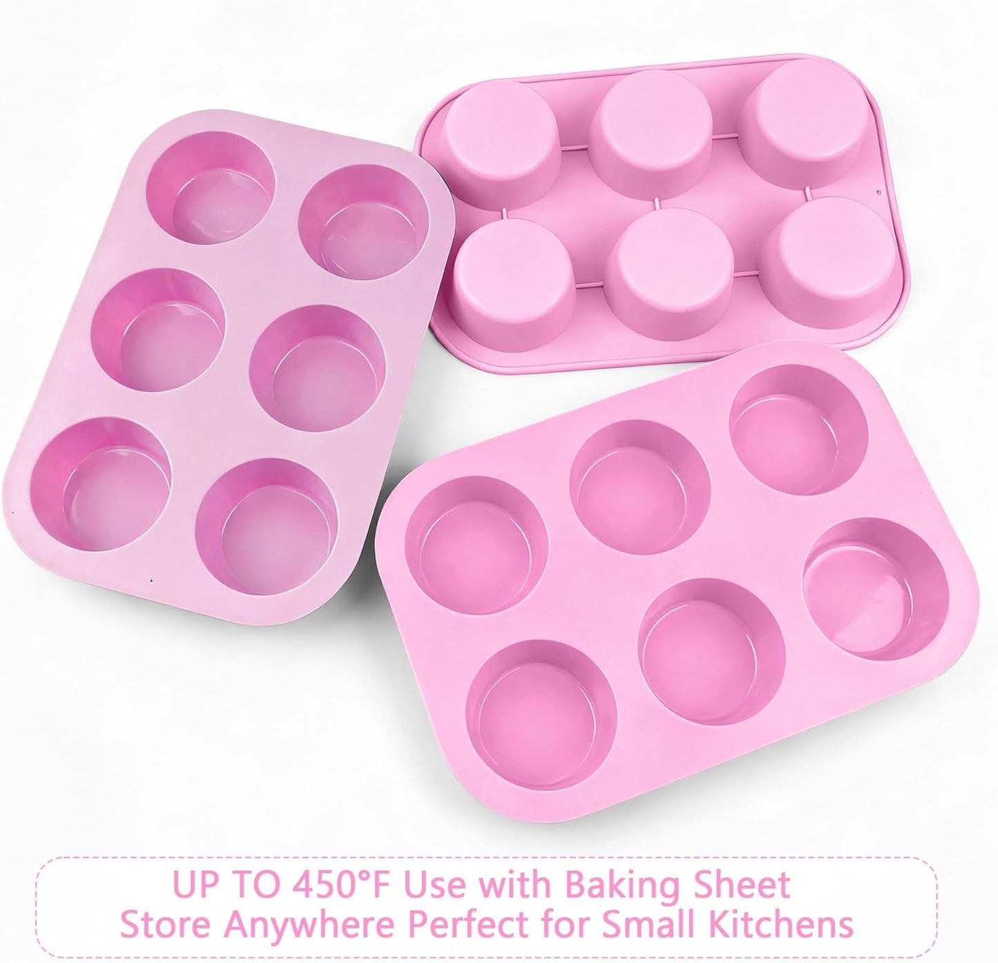 3-Pack 6-Cup Silicone Muffin Pans, Nonstick Cupcake Baking Molds, BPA/PFA-Free, Dishwasher & Oven Safe - Pink