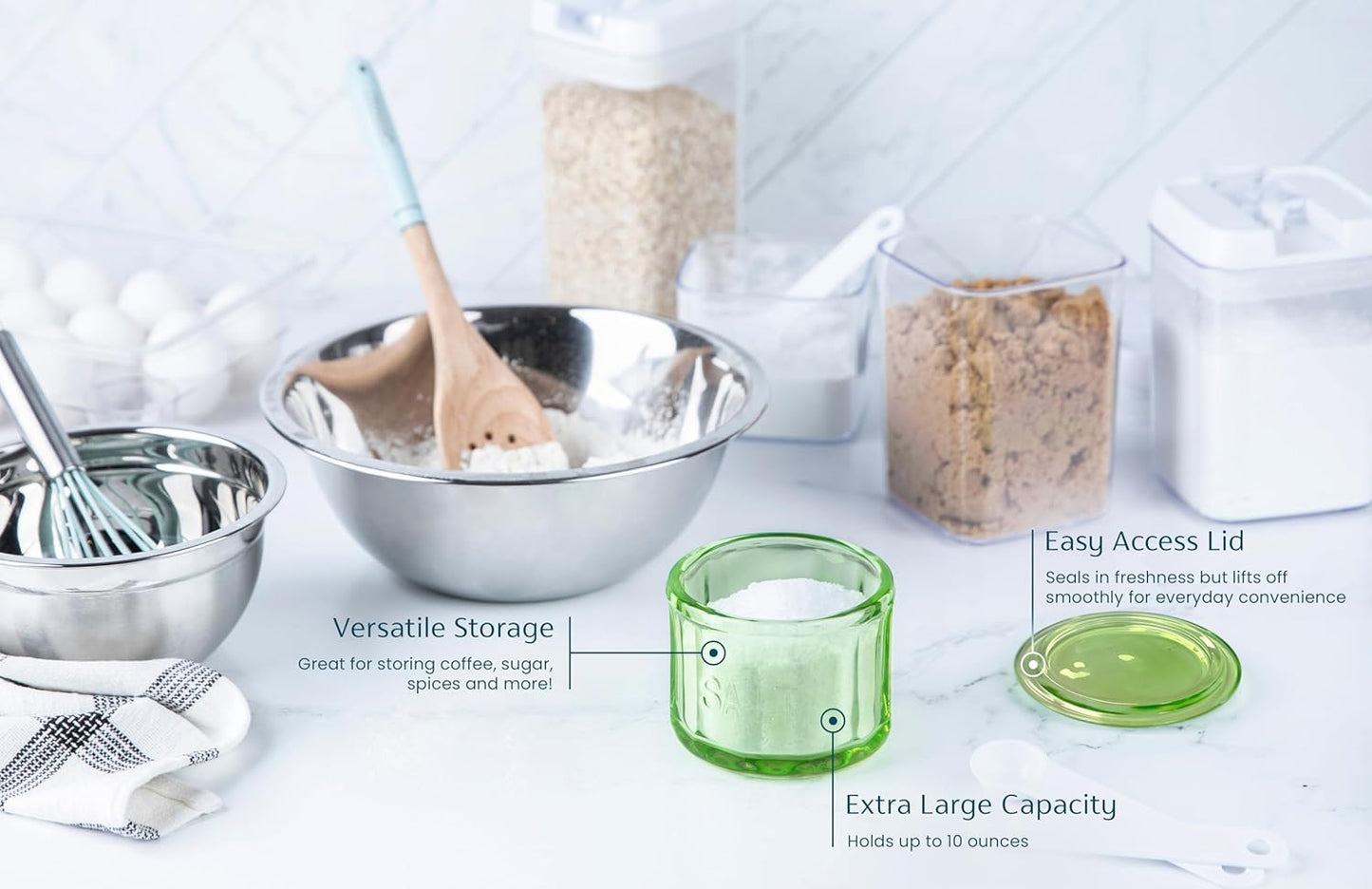 KooK Glass Salt Cellar, with Lid, Embossed Pressed Glass, Clear Storage Container, for Coffee, Sugar, Spices and Candies, 10 oz (Lime Green)