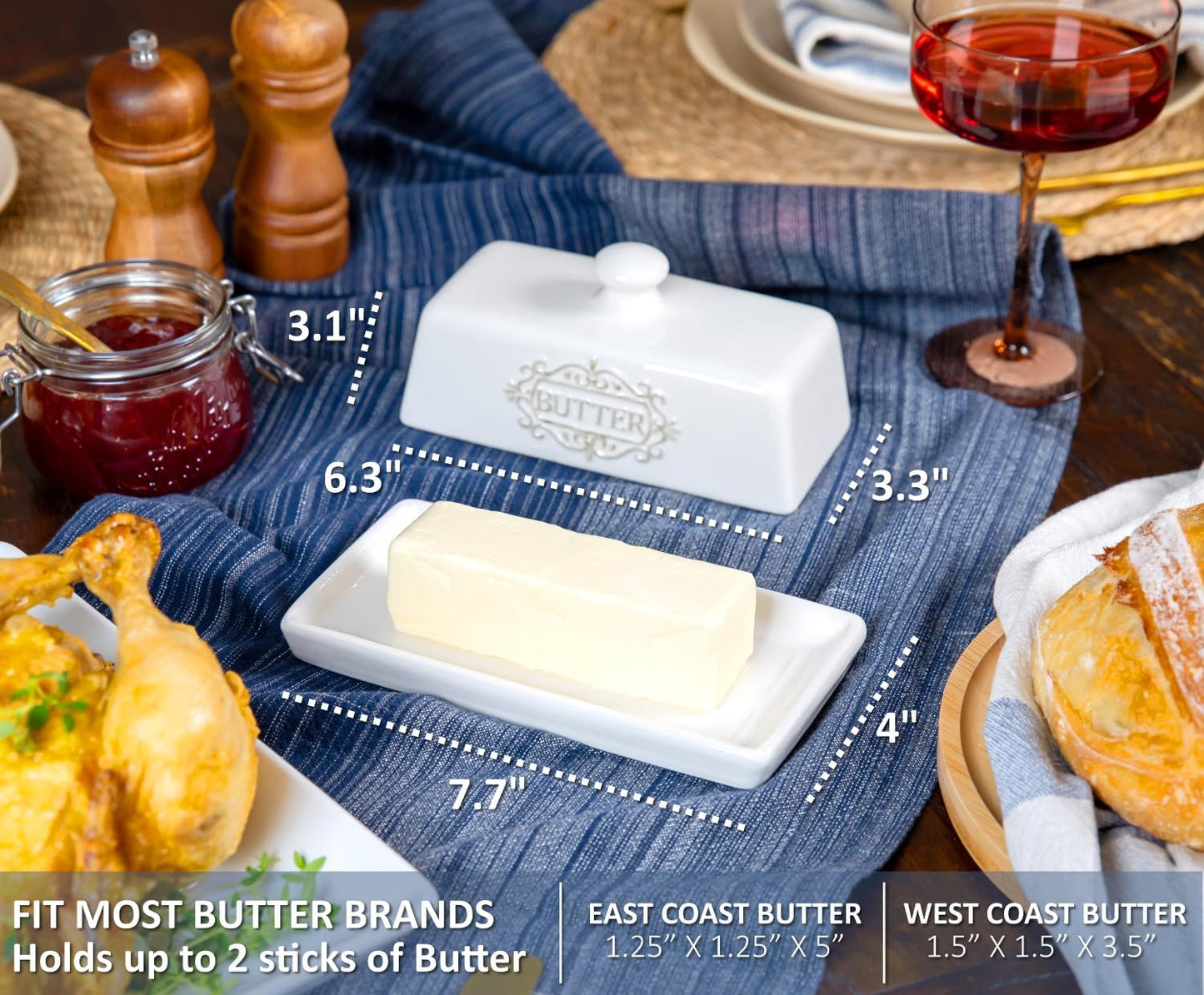 Covered Butter Dish with Lid - Elegant Engraved Butter Holder with Lid - Ceramic Butter Stick Holder Tray Holds Any Size Stick - Decorative Butter Keeper Container for Countertop & Fridge - 7.7" x 4"