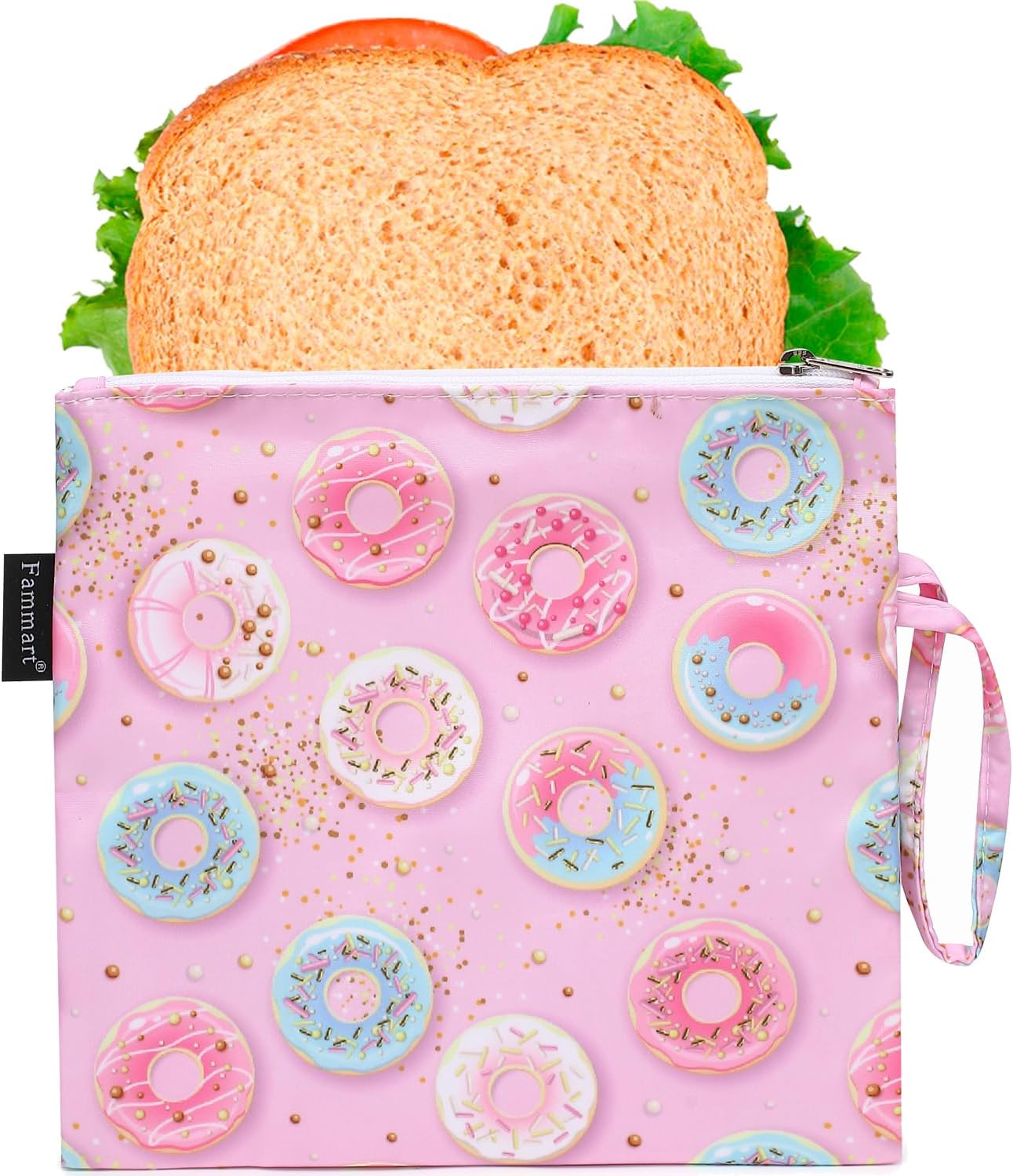 Reusable Sandwich Bag/Snack Bag for Kids & Adults, Dual Layer Lunch Bag with Handle, Washable, Food Safe, BPA Free (1-Pack, Colorful Donut)